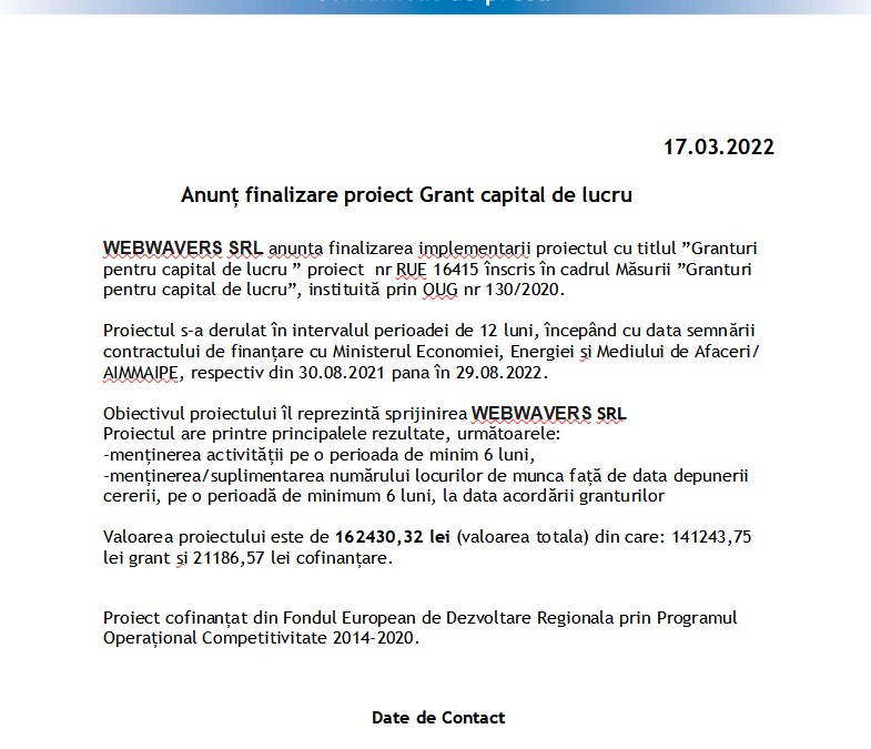 Anunt finalizare proiect Grant capital de lucru M2 – WEBWAVERS SRL